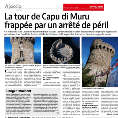 La tour  de Capu di Muru frappée d’un arrêté de péril. La CdC  va engager de gros travaux. 